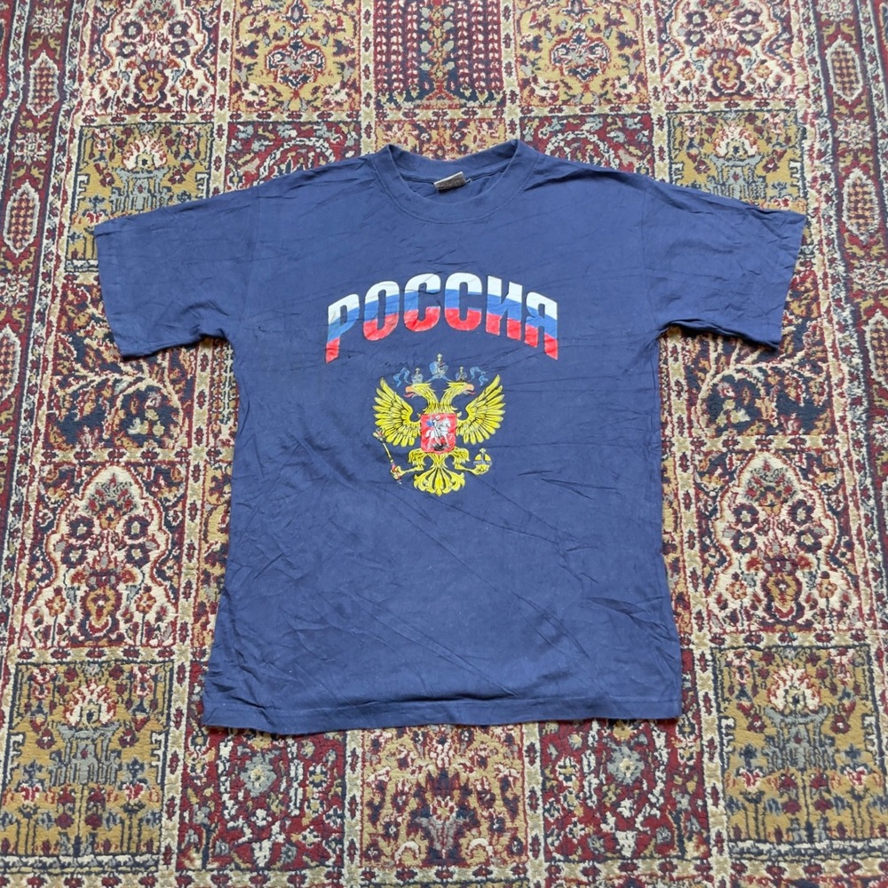 VTG 90s Russia Rossiya Double Headed Eagle Graphic T-Shirt Navy Blue Mens Large